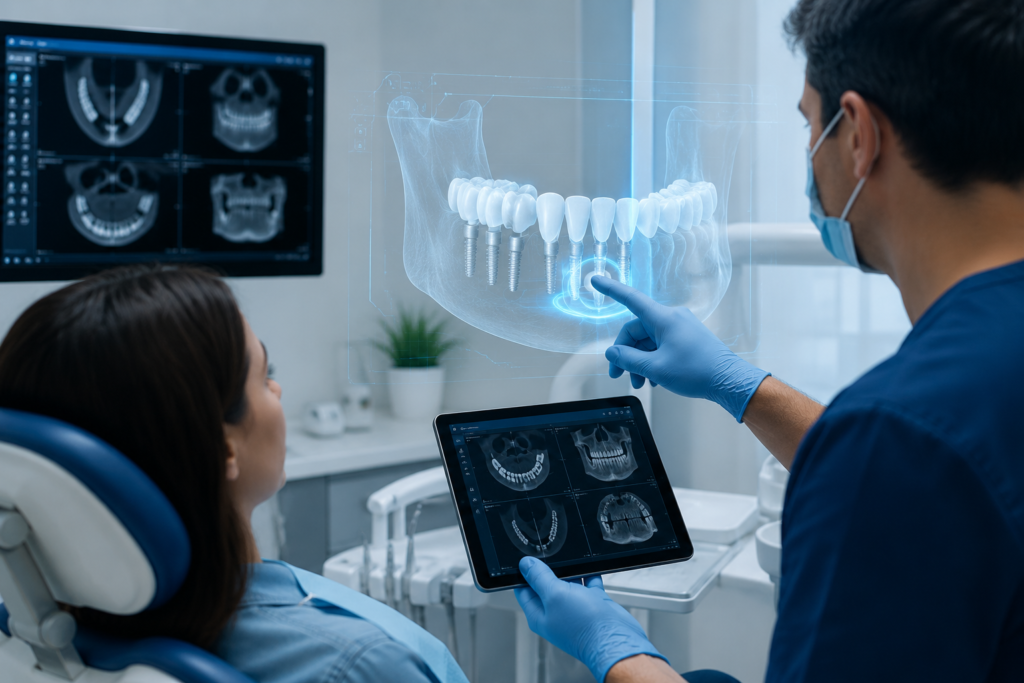 Tecnologia AI in odontoiatria per diagnosi digitale e trattamento implantare personalizzato.Golden Dental