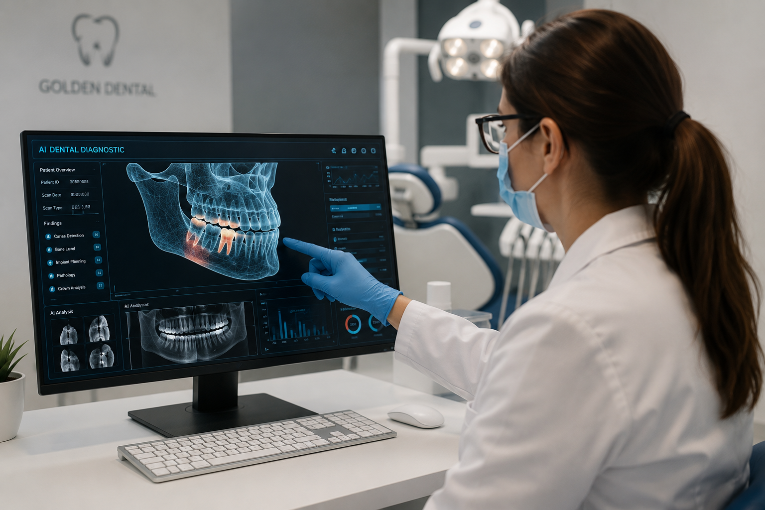 Dentista che utilizza l’intelligenza artificiale per pianificare impianti dentali tramite TAC 3D.Golden Dental