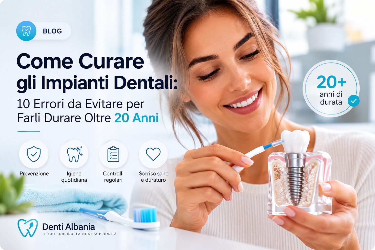 Donna che pulisce un impianto dentale dimostrando la corretta manutenzione degli impianti dentali.