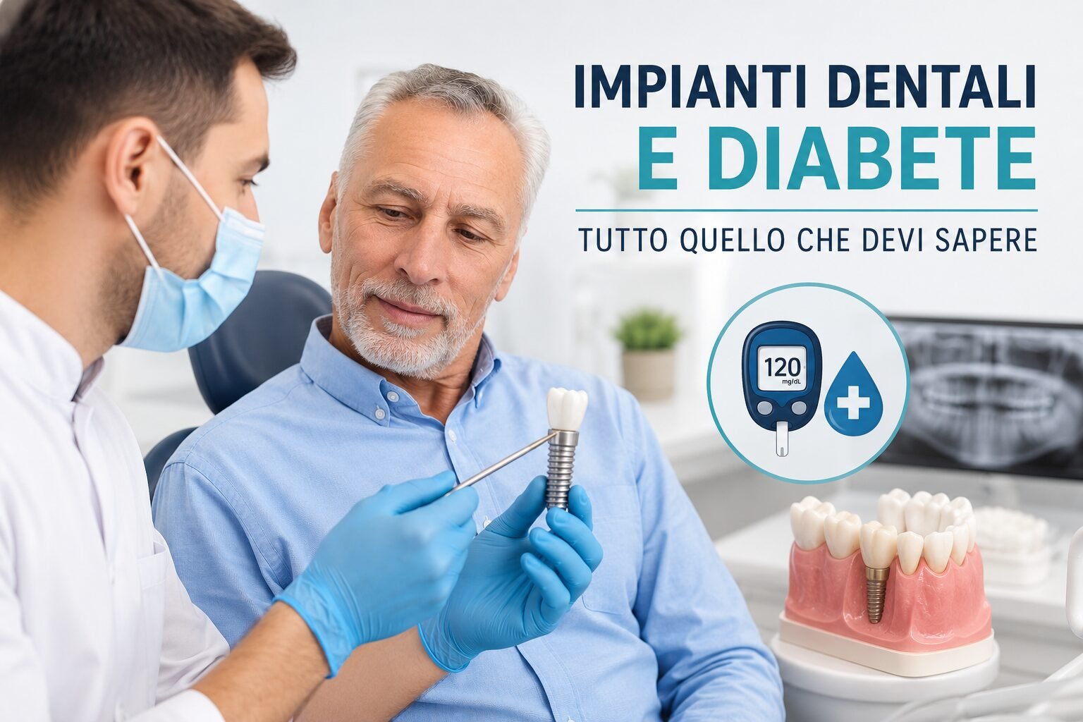 Dentista che mostra un impianto dentale a un paziente con diabete durante una visita specialistica.
