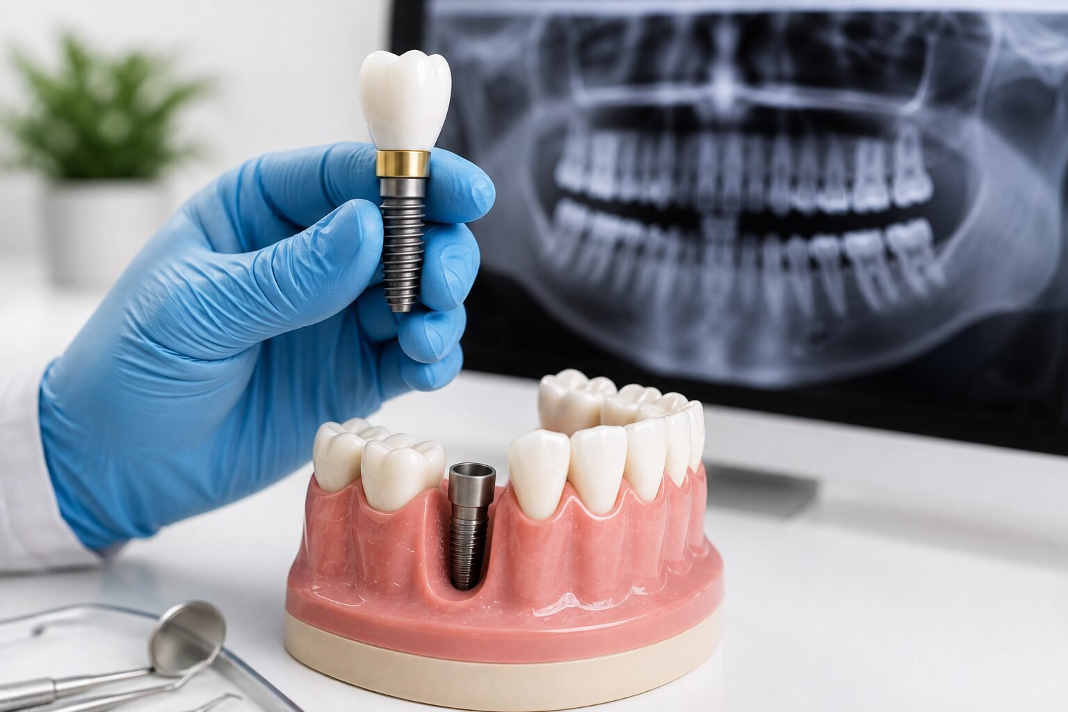 Dentista controlla un impianto dentale durante una visita per garantire la sua durata nel tempo.