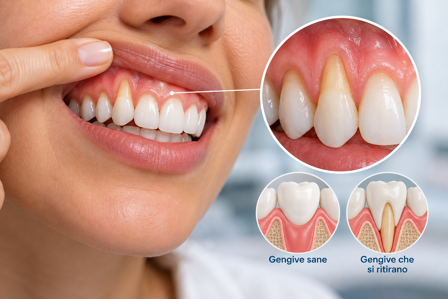Gengive che si ritirano con recessione gengivale e radice dentale esposta